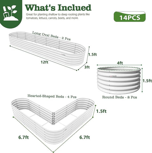 A ANLEOLIFE 14-Piece 18 Inch Tall Raised Garden Beds Kit, Heart-Shaped, Large Oval & Round Metal Planters – Ideal for Backyard Vegetables Flowers Herbs, Antique White