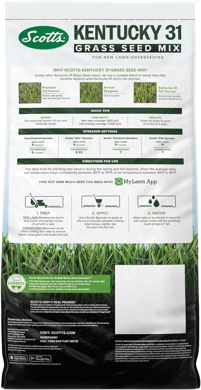 Scotts Kentucky 31 Grass Seed Mix for New Lawns or Overseeding - Lawn Grass Seed That Grows Thicker and Greener vs. Other Kentucky 31 Mixes, Covers up to 5,000 sq. ft.