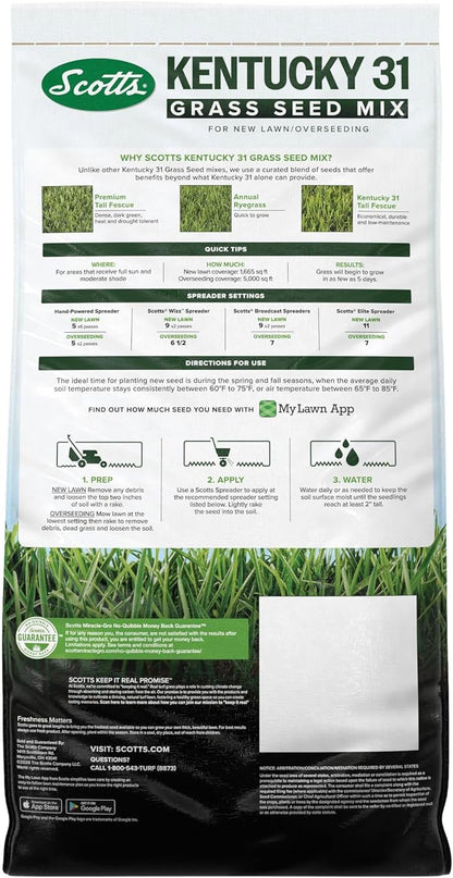 Scotts Kentucky 31 Grass Seed Mix for New Lawns or Overseeding - Lawn Grass Seed That Grows Thicker and Greener vs. Other Kentucky 31 Mixes, Covers up to 5,000 sq. ft.