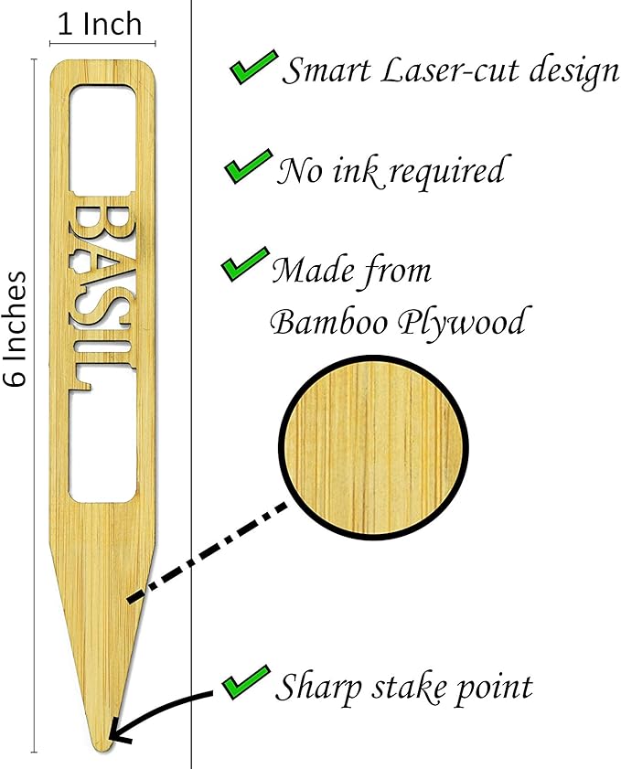 Bamboo Plant Labels | Laser Cut 6" x 1" Weatherproof Plant Markers, Outdoor Plant Markers, Herb Garden Signs