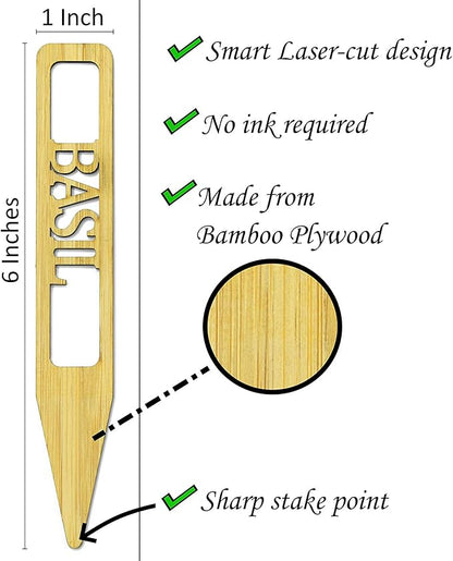 Bamboo Plant Labels | Laser Cut 6" x 1" Weatherproof Plant Markers, Outdoor Plant Markers, Herb Garden Signs