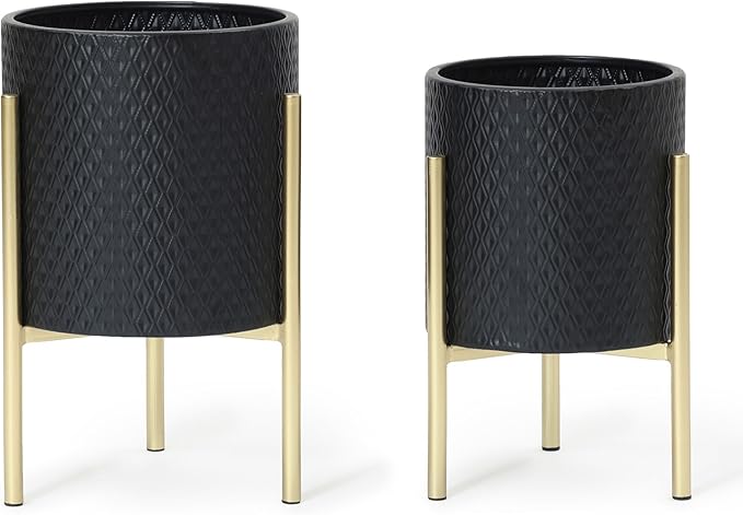 LuxenHome 2-Piece Diamond Pattern Round Metal Cachepot Planter Set, Black Planter with Gold Stands Set of 2 Indoor Plant Pots Large Floor Plant Pot for Plants, NOT Waterproof
