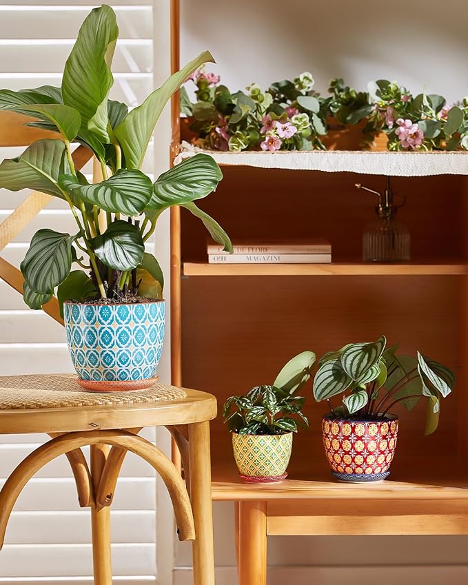 Ceramic Plant Pots, 3.8+4.9+5.8 Inch, Set of 3 Flower Pots with Drainage Hole & Saucer, Trio Planter Pots Set for House Plants, Home Decor, Vibrant Colors