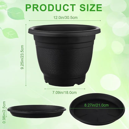 12 Pack 12' Plastic Plant Pots Round Planter Pots with Saucer Tray Seedling Pot Hole Seed Resin Plant Pot Starting Nursery Flower Container with Pallet for Garden Outdoor Indoor(Black)