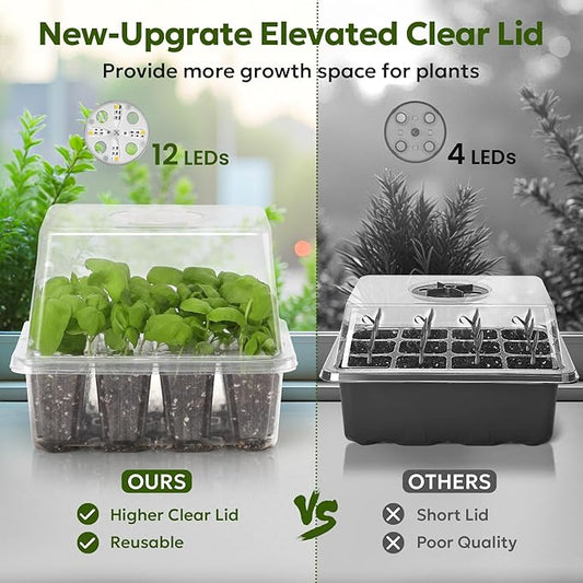 MIXC Seed Starter Kit with Grow Light, Elevated Seedling Tray Kit with Adjustable Humidity Dome and Clear Cell Tray, 12 Full Spectrum Led Beads for Seed Starting Greenhouse, 6 Pack, Transparent