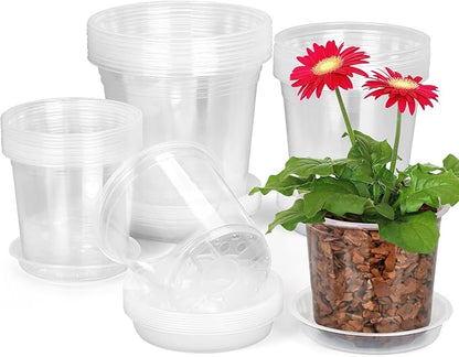 24 Pack 7/6/5 Inch Clear Nursery Pots with Drainage and Saucers, Clear Plastic Plant Pots for Plants, Seed Starting Pots