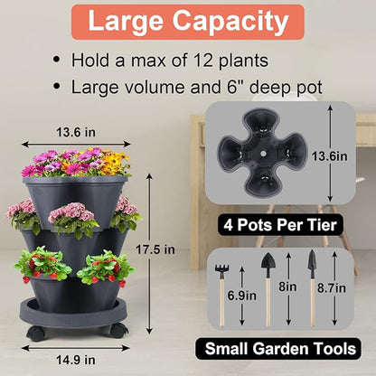 DUNCHATY Stackable Planter, Vertical Garden Planter with Wheels and Tools, Self Watering Strawberry Planter Indoor/Outdoor 3 Tier Herb Planter Pots for Growing Vegetables and Succulents, Dark Gray