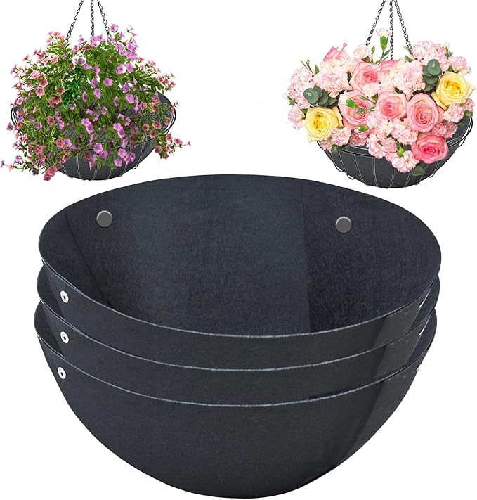 3PCS 16 Inch Round Hanging Basket Liners Fabric Hanging Plant Liners Non-Woven Planter Liners Black Felt Liners Replacement Inserts for Hanging Baskets Outdoor Plants - Avoid Bird Nesting