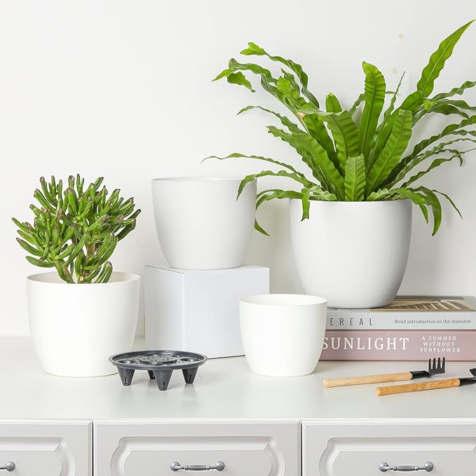 T4U 7 Inch Self Watering Planters Plastic Plant Pot, Modern Decorative Flower Pot/Window Box for All House Plants, Flowers, Herbs, African Violets, Succulents - White, Set of 6