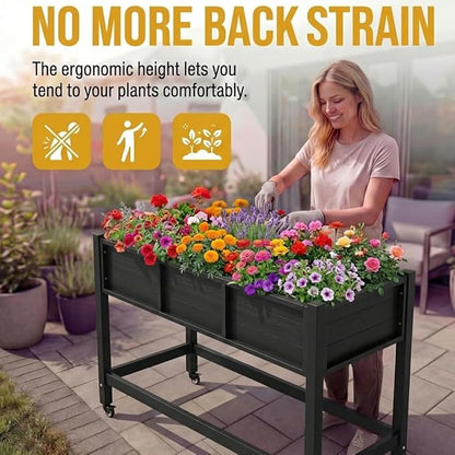 DWVO 47x18x31in Raised Garden Bed HDPE, Weather-Resistant Poly Wood Planter Box Stand, Planter Box with Legs & Lockable Wheels, Elevated Garden Bed for Backyard Patio Balcony - Black