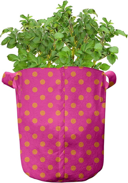 Ambesonne Pink and Orange Grow Bags 5-Pack, Polka Dots Design, Heavyduty Fabric Pots with Handles for Plants, Pink Orange