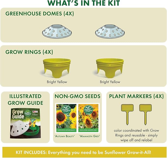 Kids Sunflower Garden Kit – Grow Your Own Sunflowers from Seeds with Greenhouse Germination Domes & Grow Rings, Non-GMO Seeds, BPA-Free | Gardening Gift for Kids & Families, Made in USA