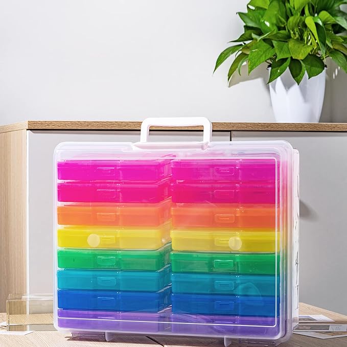 4" x 6" Photo Storage Case with Handle, 16 Inner Photo Organizer Keeper, Extra Large Storage Picture Boxes, Seed Storage, Transparent Craft Keeper (Multicolor-16 Pack Inner Box)