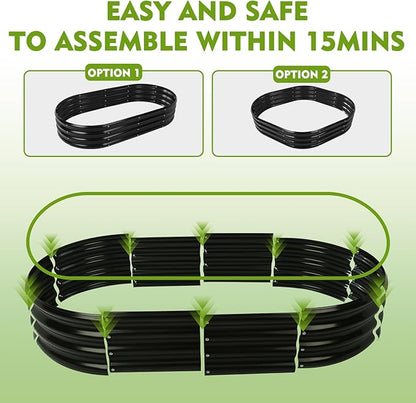 5X2.7X1 FT Oval Galvanized Metal Garden Raised Bed/Plant Box for Planting,32 Inches Diameter Iron Fire Pit Ring,Small Animal Fence-3 in 1 Modular Design in Black (Black, 60X32X11.5 Inches)