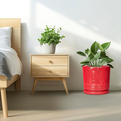 12 Inch Pots for Plants, Ceramic Pots for Plants Indoor Outdoor, Round Flower Pot with Drainage Holes and Saucers, Modern Decorative Planter, Home Porch Decor, Gardening Gifts, Red
