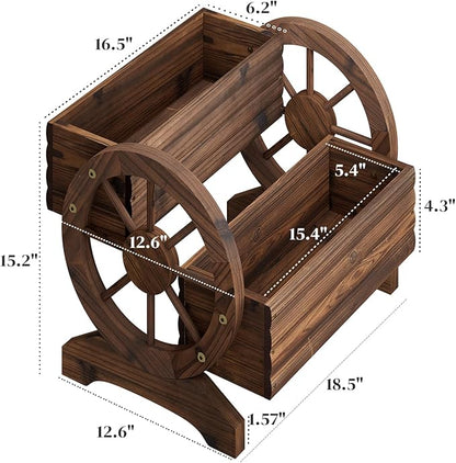 Wooden Wagon Planter Flower Cart with Wheels Garden Box Garden Planter, Decorative Planter for Flowers Herbs Vegetables for Indoor & Outdoor Décor Flower Cart for Patio Garden Balcony (Carbonized)