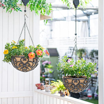 Sungmor 2PC 11" Dia. Large Cast Iron Hanging Baskets w/Fabric Liner, Rustic Brown Heavy-Duty Outdoor Hanging Planters Plant Pot Holders, Garden Yard Terrace Patio Porch Decorative Metal Flower Basket