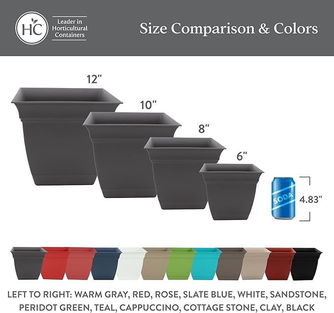 The HC Companies Eclipse Square Plastic Planter w/ Attached Saucer - Outdoor & Indoor Plant Pot with Drainage Holes - Lightweight, UV-Resistant Plastic Pots For Plants (12" Cottage Stone, Pack of 1)