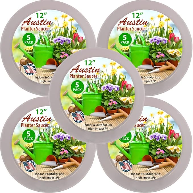 21 Inch (19 Inch Base) Case of 5 Plant Saucers - White Granite Colored Polypropylene - Heavy Duty Indoor/Outdoor- Collects Flower Pot Drainage and Excess Water - Made in USA