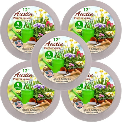 21 Inch (19 Inch Base) Case of 5 Plant Saucers - White Granite Colored Polypropylene - Heavy Duty Indoor/Outdoor- Collects Flower Pot Drainage and Excess Water - Made in USA