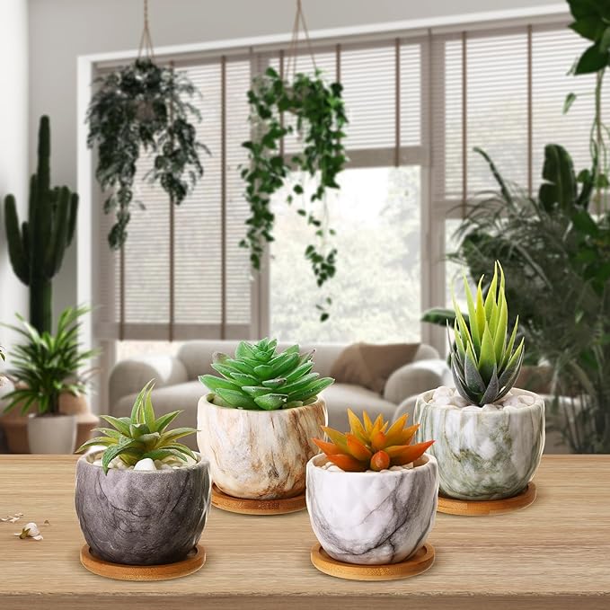 Marbling Ceramic Flower Pot 3.35 Inch Succulent Small Plant Cactus Herbs Planter Ceramic Pot with Drainage Hole Matte Round Container(4 Pcs,Modern Style)