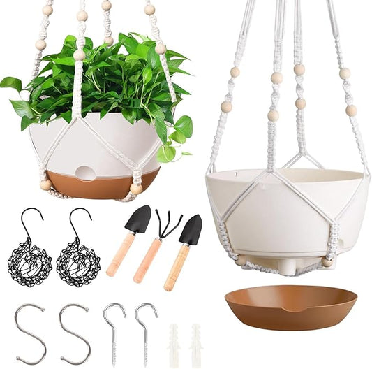 Hanging Planters for Indoor Plants, 2 Pack 8 Inch Self Watering Hanging Pots for Plants with Drainage Holes, Indoor Outdoor Hanging Flower Pots for Home Garden Ceiling Decor (White)