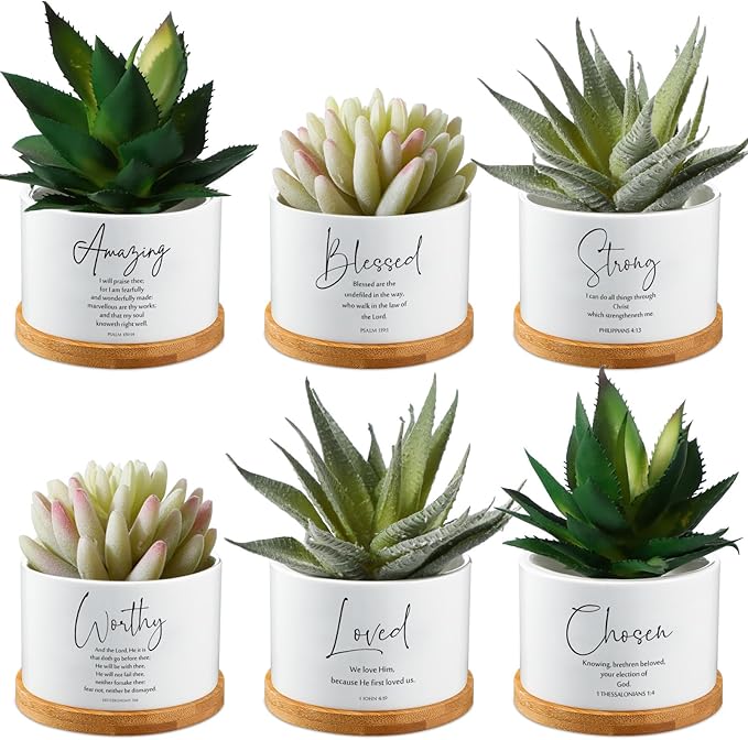 Sieral 6pcs Bible Verse Succulent Pots 3 x 3 x 2 Inch Mini Ceramic Succulent Planters with Bamboo Tray Small Plant Pots Christian Gift for Church Women Men Pastor, Plants Not Included (Bright)