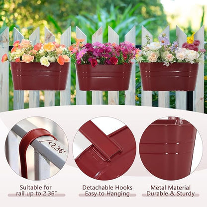 3 Pack Metal Railing Planters, 10.5" Oval Hanging Flower Pots with Detachable Hooks & Drainage Holes, Fits Rails up to 2.36", Galvanized Iron Fence Bucket for Balcony Garden Patio - Red