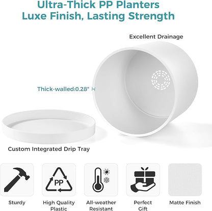FaithLand 10-Inch Modern Cylinder Planter, Thick-Walled Plastic Plant Pot with Drainage Holes and Detachable Saucer, Matte White, Ideal for Indoor & Outdoor Plants Flowers