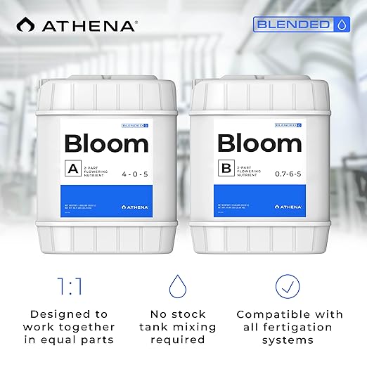 Athena Blended Bloom A&B | 2-Part Flowering Liquid Fertilizer for Hydroponics & Soil | Bloom Booster Plant Food | NPK A 4-0-5 | B 0.7-6-5 | 5 Gallon