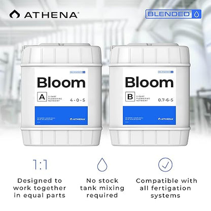 Athena Blended Bloom A&B | 2-Part Flowering Liquid Fertilizer for Hydroponics & Soil | Bloom Booster Plant Food | NPK A 4-0-5 | B 0.7-6-5 | 5 Gallon