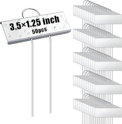 Landhoow 50 Pcs Large Garden Plant Markers Metal Plant Labels Sign 3.5'' x 1.25'' with 6'' Stake Weatherproof Waterproof Garden Sign for Outdoor Seedlings Herbs Vegetable Greenhouse, Silver