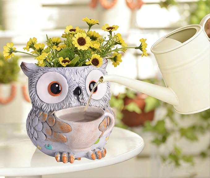 Unique Owl Plant Pots Indoor, Cute Small Succulent Pots with Drainage Hole, Watering Owl Planters for Indoor Outdoor Plants, Resin Flower Pot for String of Pearls, Gift Ideas for Mother