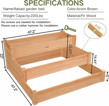 3-Tier Raised Garden Bed with Fabric Liner, Wood Elevated Planter Box with Dovetail Joint Design, 3 Dividable Bed Kit for Vegetables/Herbs/Flowers, Outdoor Gardening for Patio, Lawn, Balcony