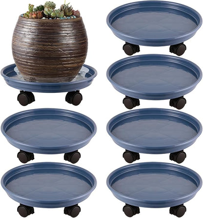 6 Packs Plastic Plant Caddy with Wheels 12" Plastic Rolling Plant Stands Heavy-duty Plant Dolly with Casters Indoor and Outdoor Plant Roller Base Wheels, Blue