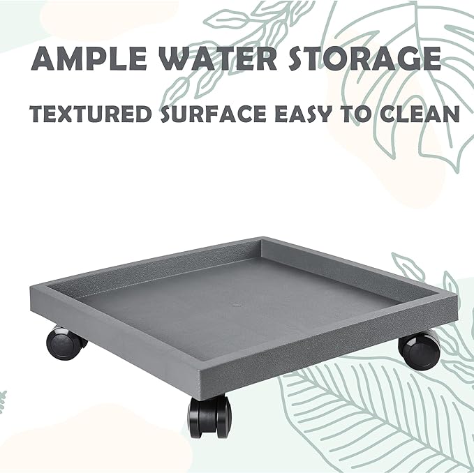 14.2 Inch Square Rolling Plant Caddy Saucer with Wheels, Heavy Duty Wheeled Planter Stand for Potted Plant, Coaster Roller Base Tray with Casters, Flower Pot Dolly Holder for Indoor Outdoor