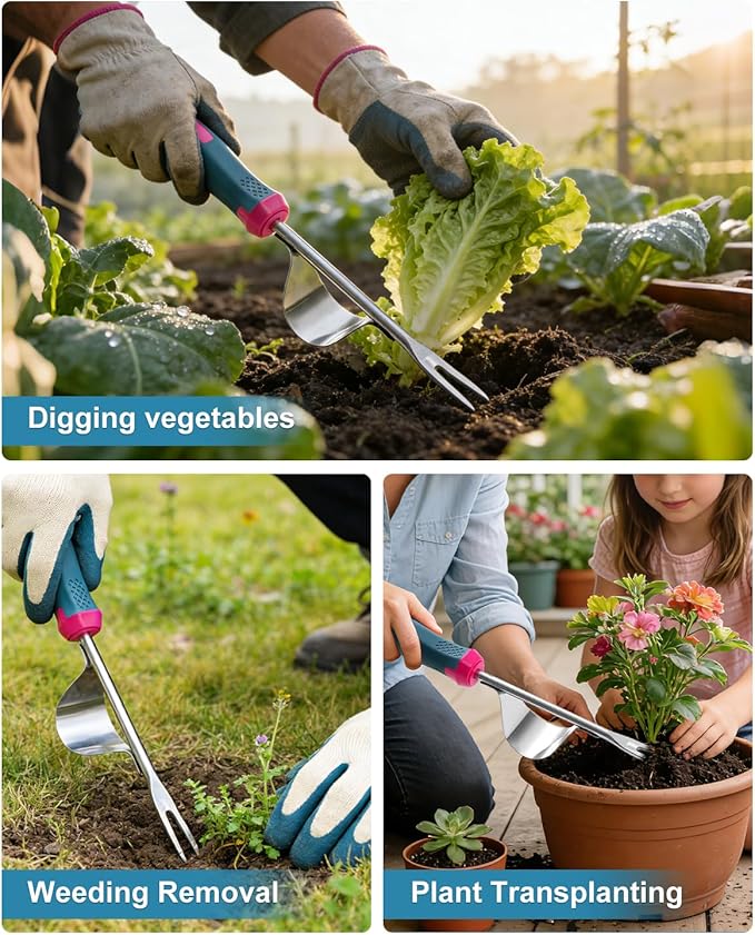 2026 Upgraded Weed Puller Tool, Stainless Steel Hand Weeder，Leverage Base & V-Shaped Forks for Easy Weed Removal & Deep Root Digging, Ergonomic Soft Grip Handle Manual Weeding Tool for Garden and Lawn