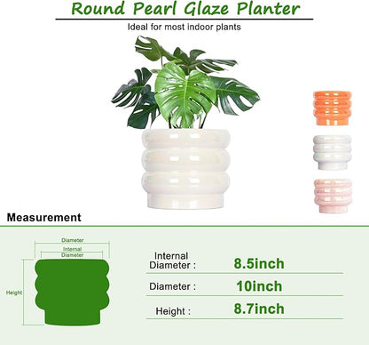 10 inch Ceramic Plant Pots for Indoor Plants, Rainbow Pearl Glaze Planter with Planters for Plants with Drainage Hole, Orchid Pots, Succulent Pot, Large Flower Pot (White)