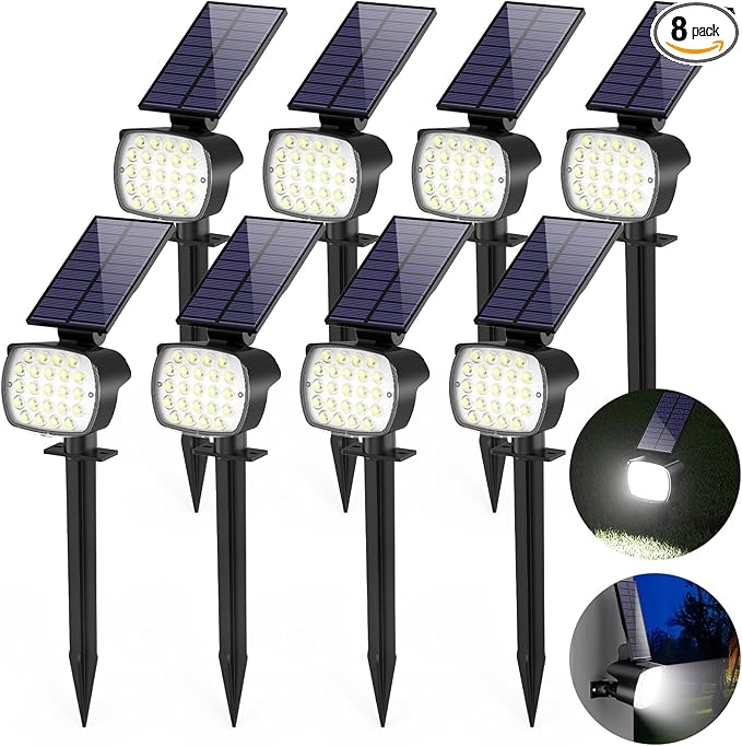 hyrion Solar Spotlight Outdoor Waterproof Ip65 23 LED 3 Lighting Mode 2-in-1 Solar Powred Yard Spot Lights for Garden Tree Law Pathway 8 Pack Cool White