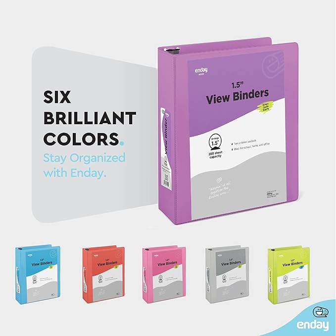 3 Ring Binder 1.5 Inch Purple, 1 ½ inch Binder Clear View Cover with 2 Inside Pockets, Colored School Supplies Office and Home – by Enday