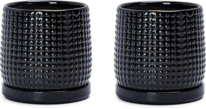 D'vine Dev Set of 2 Ceramic Plants Pots, 4 Inch Beaded Stoneware Flower Pot for Plants with Drainage Hole and Saucer, Glossy Black, 27-E-Z-2