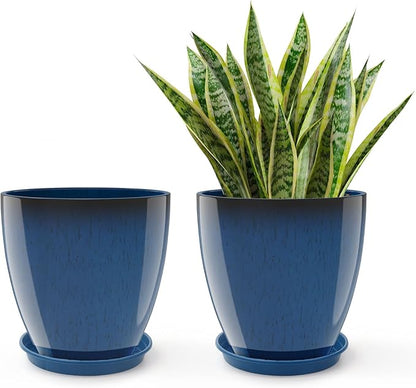 GameXcel Flower Pot Indoor - Outdoor Plant Pot - Navy Blue Glossy Planter - Elegant Ceramics Imitation - 12" Diameter 12" Tall with Drainage Holes and Saucer 2 Pack