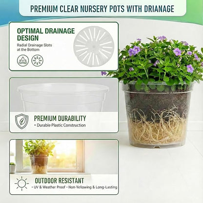 6/7.5/8/10 Inch Large Clear Nursery Pots with Drainage, 12 Pack Thick Reusable Multi-Size Plastic Planters, Deep Nursery Pots for Healthy Roots, Ideal Containers for Indoor Outdoor Plants
