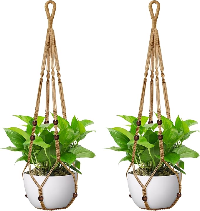 USLAI Macrame Plant Hanger Indoor Outdoor, Fits 4 to 15 Inch Pots, Strong Hanging Planter Holder, Boho Home Decor, 35 Inch, Brown, Set of 2 (POTS NOT Included)
