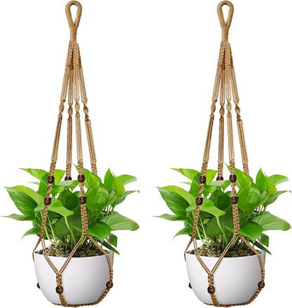 USLAI Macrame Plant Hanger Indoor Outdoor, Fits 4 to 15 Inch Pots, Strong Hanging Planter Holder, Boho Home Decor, 35 Inch, Brown, Set of 2 (POTS NOT Included)