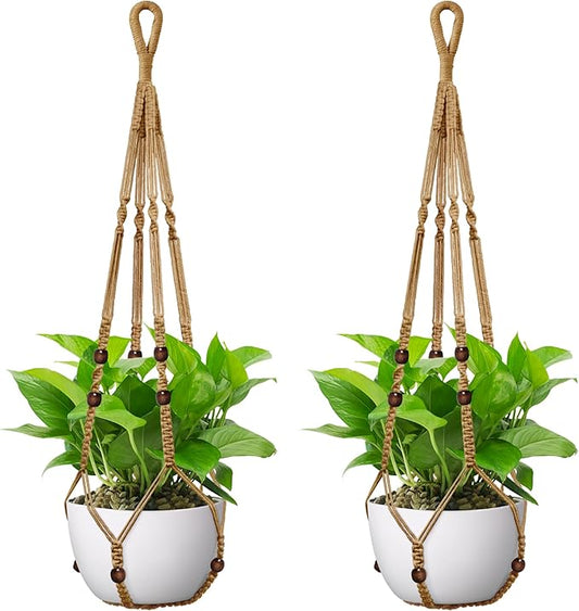 USLAI Macrame Plant Hanger Indoor Outdoor, Fits 4 to 15 Inch Pots, Strong Hanging Planter Holder, Boho Home Decor, 35 Inch, Brown, Set of 2 (POTS NOT Included)