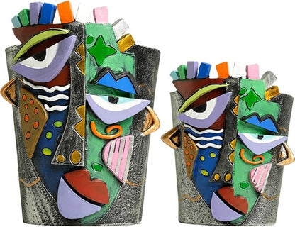 Picasso Face Planter Pots Abstract Art Colorful Flower Vase with Drainage Hole Unique Head Flower Pots for Home Balcony Decoration (S+L)