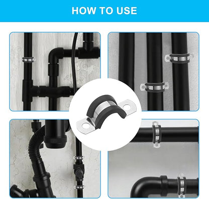 50 Pack 1/4 Inch Cable Clamps, 6mm Stainless Steel Rubber Coated Cushioned Insulated Pipe Clamp, Black Conduit Wire Holder Strap Clips for Tube, Pipe or Wire Cord Installation