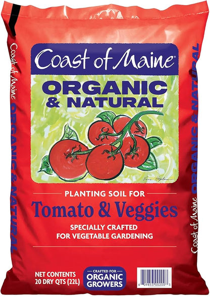 Coast of Maine Organic & Natural Planting Soil for Vegetables & Tomatoes - Premium Planting Soil w/ Composted Manure, Sphagnum Peat Moss for Multi Use Ground & Containers - Enhanced Drainage (20 Qt)