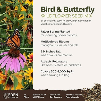 Eden Brothers Bird & Butterfly Wildflower Mixed Seeds for Planting, 1 lb, 480,000+ Seeds with Cosmos, Indian Blanket | Attracts Pollinators, Plant in Spring or Fall, Zones 3, 4, 5, 6, 7, 8, 9, 10